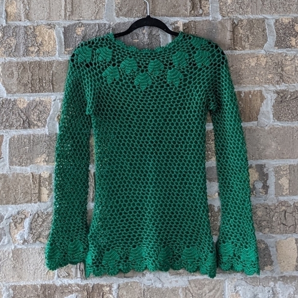 Vintage Hand Made Crochet Kelly Green Bell Sleeve Sweater XXS - Picture 4 of 5
